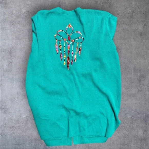 Bob Mackie Cardigan Womens Sweater 1X Green Embroidered‎ Dream Catcher Button XL - Picture 2 of 7